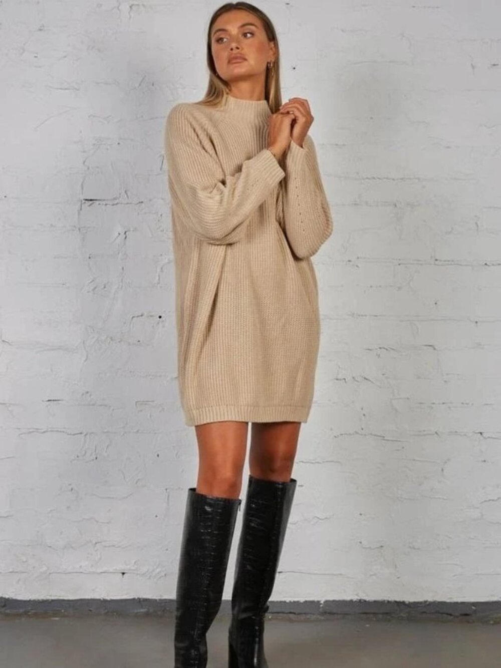 SNDYS Long Sleeve Mock Neck Knit Dress in Sand